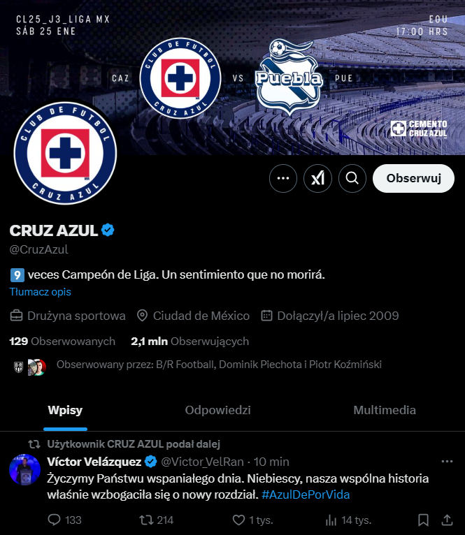 Takiego tweeta PO POLSKU podał dalej Cruz Azul xD